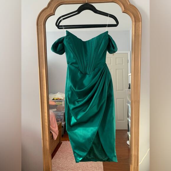 House of CB Dresses & Skirts - HOUSE OF CB Loretta Emerald Green Off Shoulder Draped Corset Silk Satin Dress